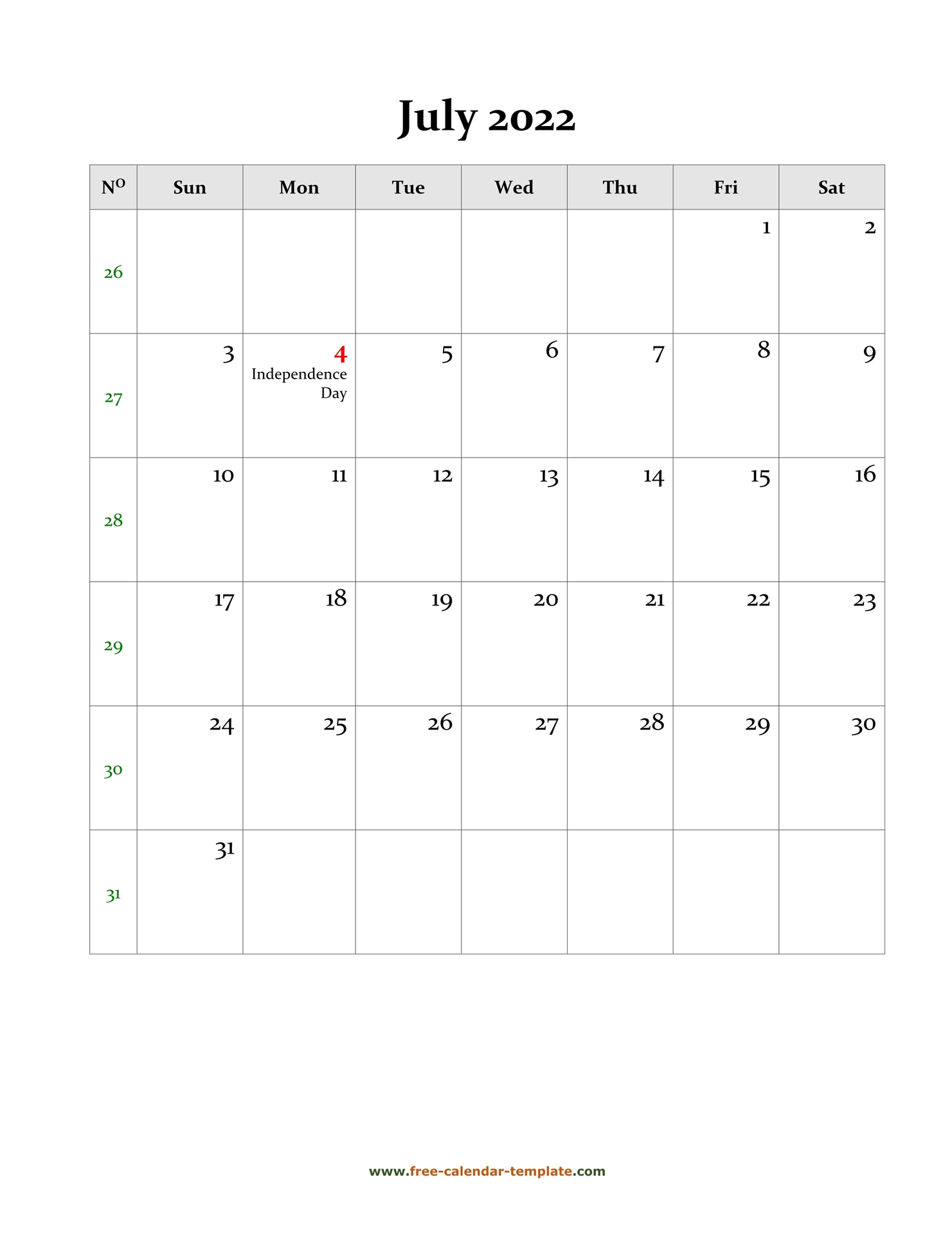 Collect July 2022 Blank Calendar