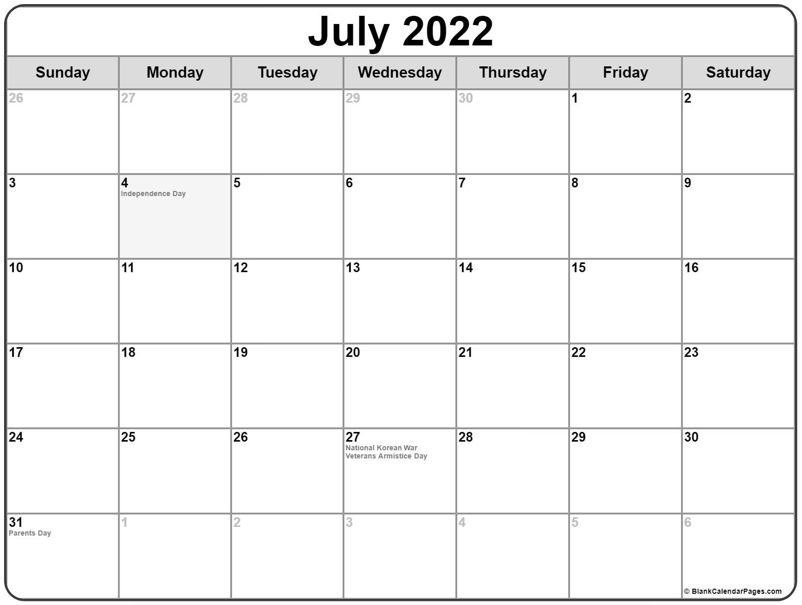 Collect July 2022 Calendar Template