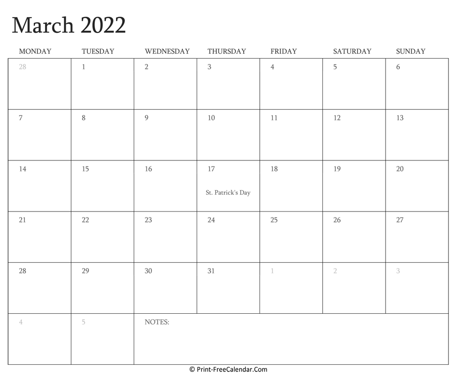 Collect March 2022 Calendar Monday Start