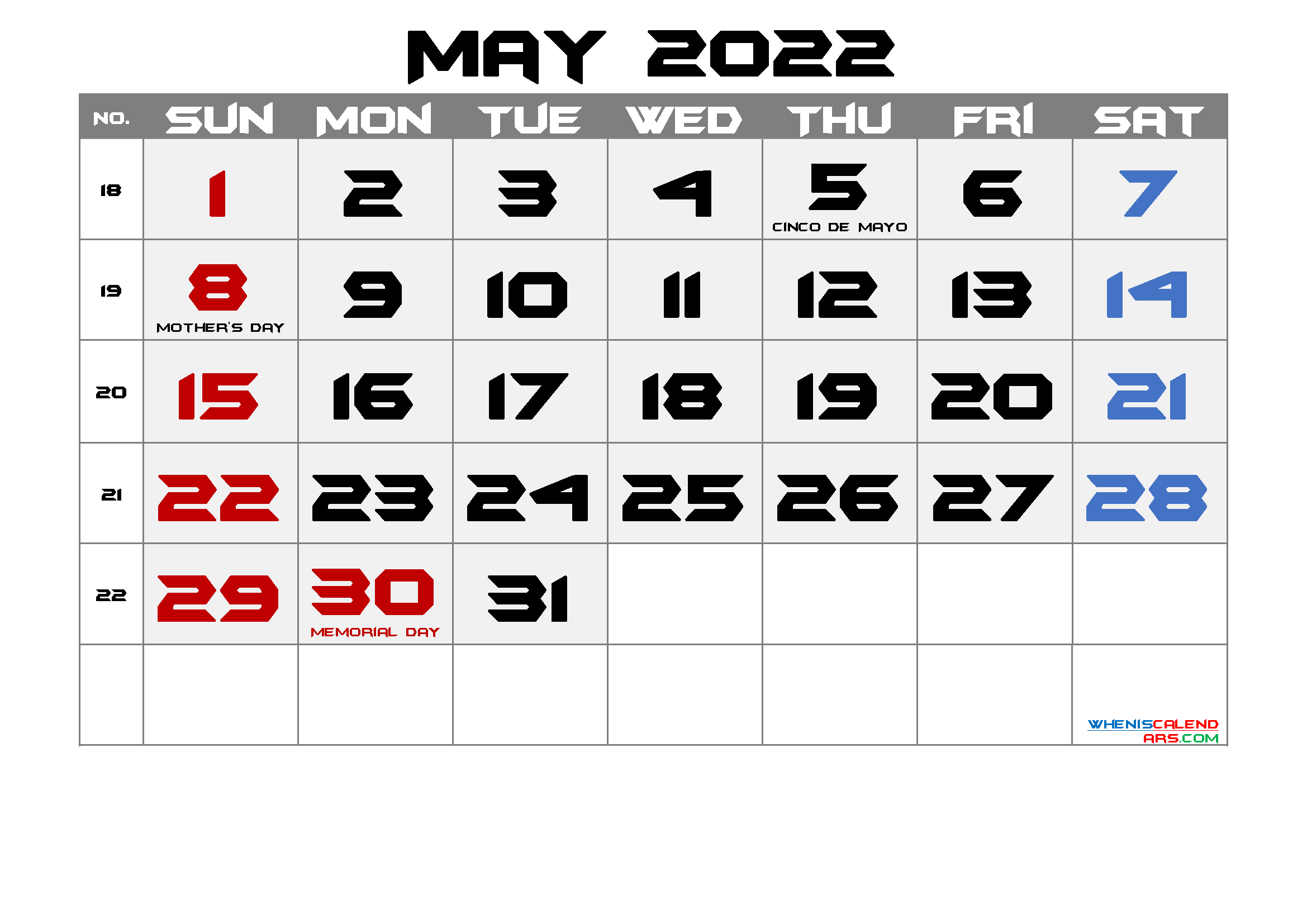 Collect May 2022 Calendar With Holidays Printable