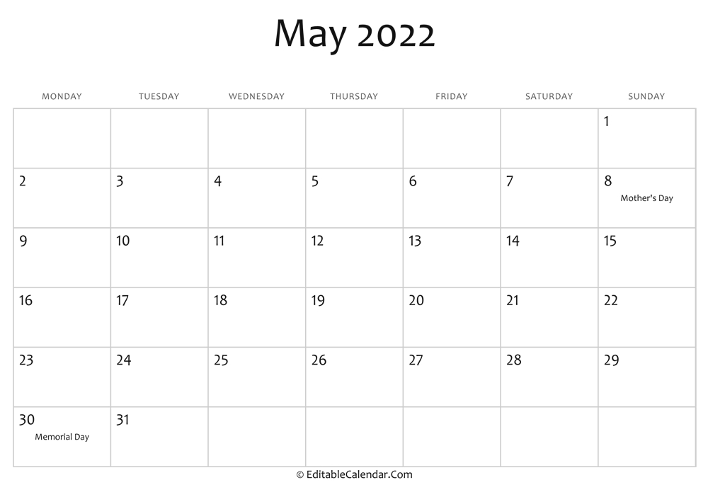 Collect May 2022 Calendar With Us Holidays