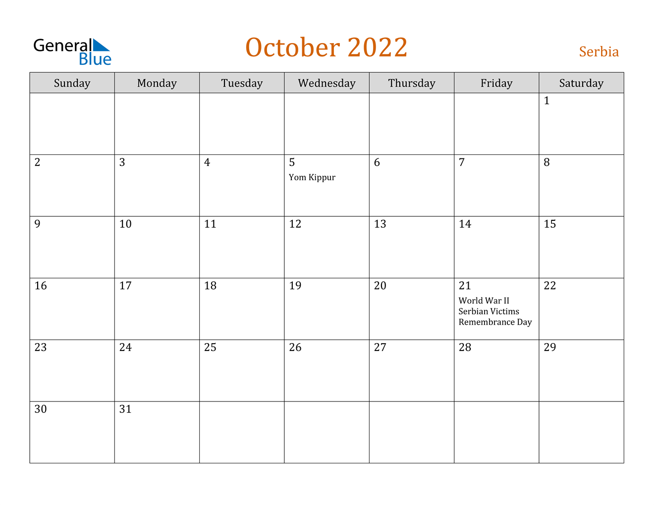 Collect October 2022 Holiday Calendar
