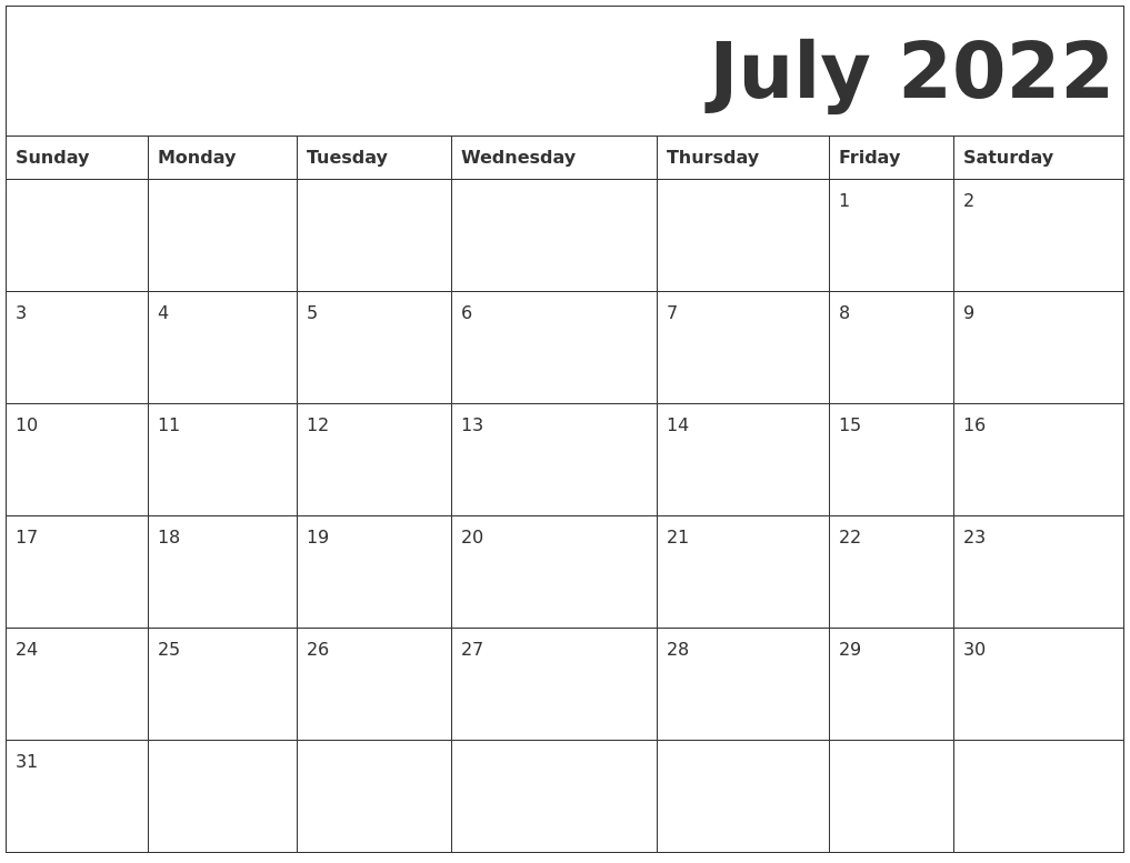 Collect Printable Calendar For July 2022