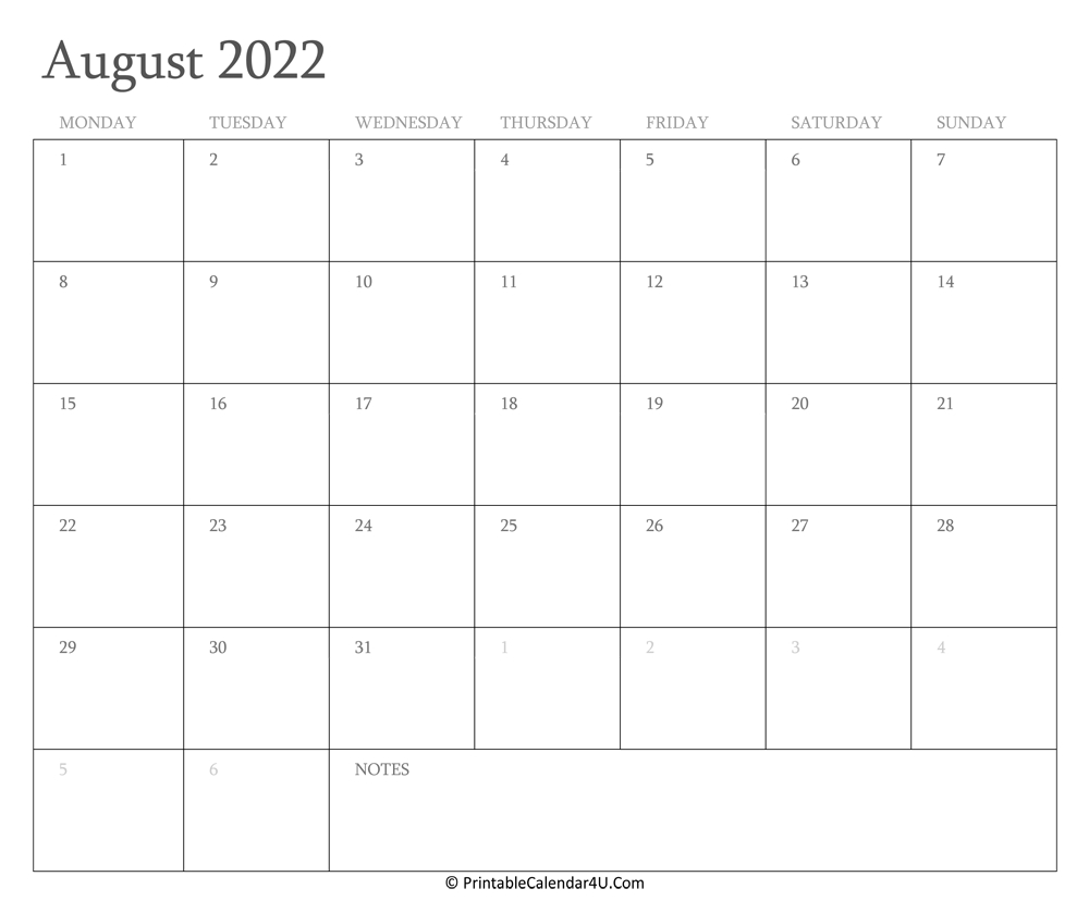 Get 2022 Calendar For August