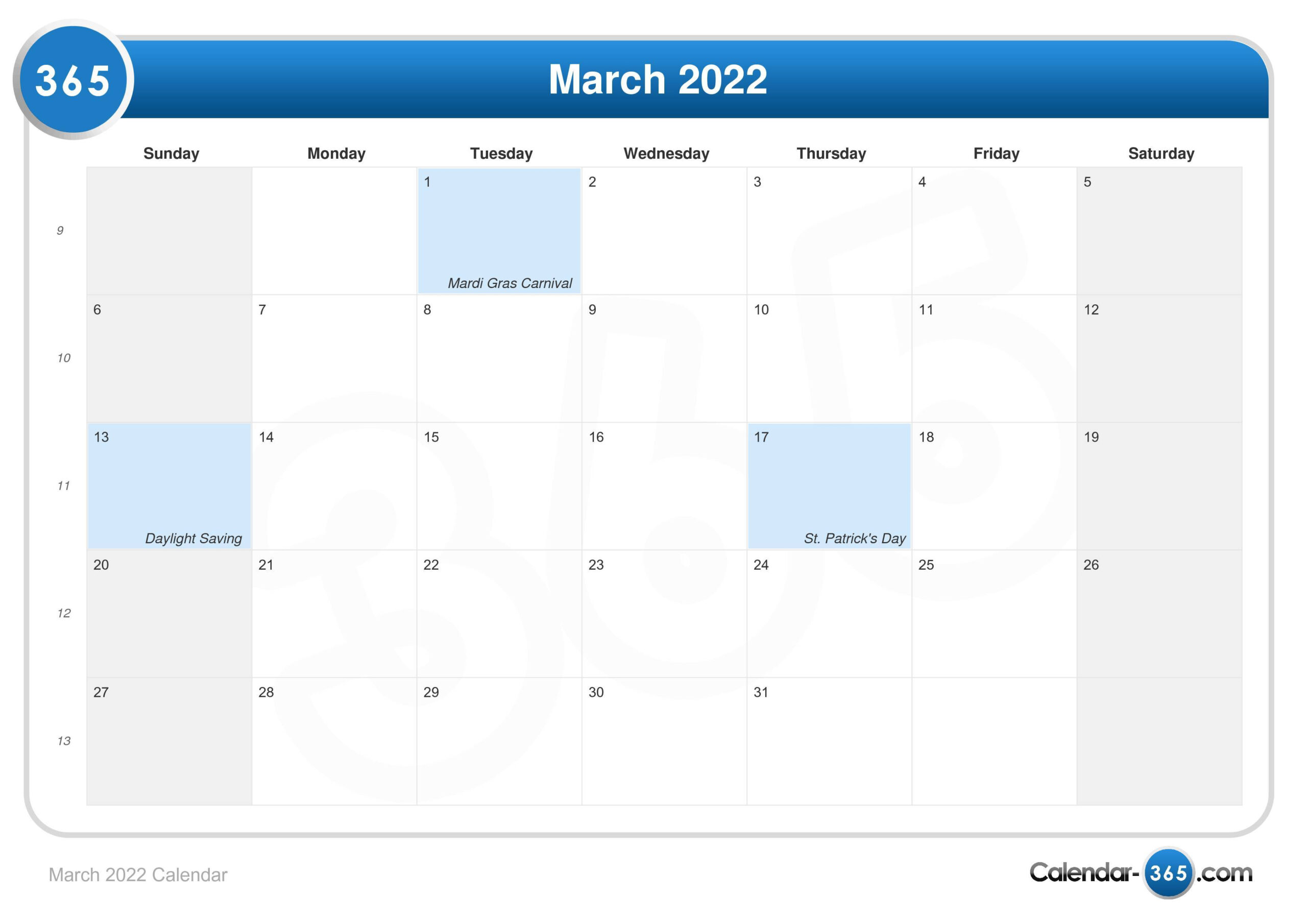 Get 2022 Calendar For March