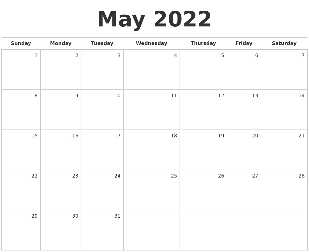 Get 2022 Calendar Month Of May