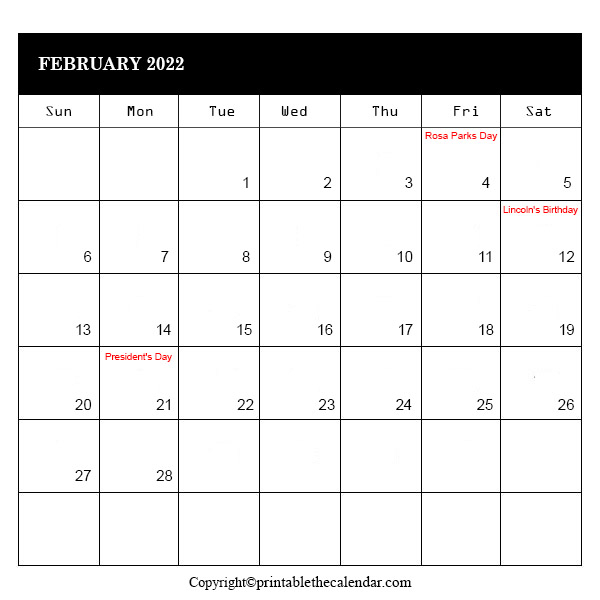 Get 2022 February Calendar Singapore