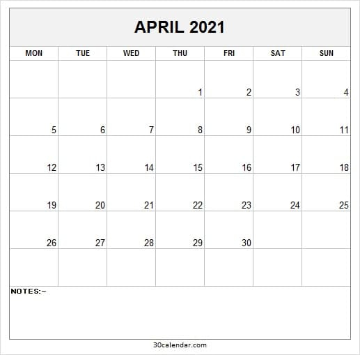 Get April 2022 Calendar Monday Start
