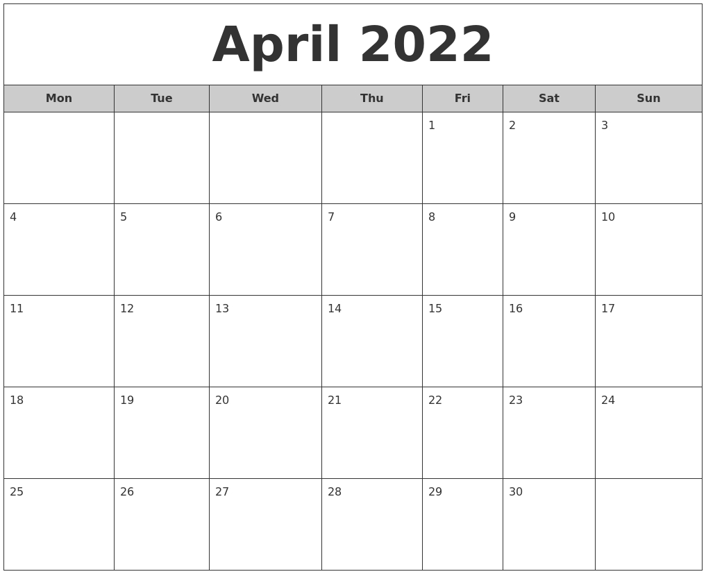 Get April 2022 Calendar Page