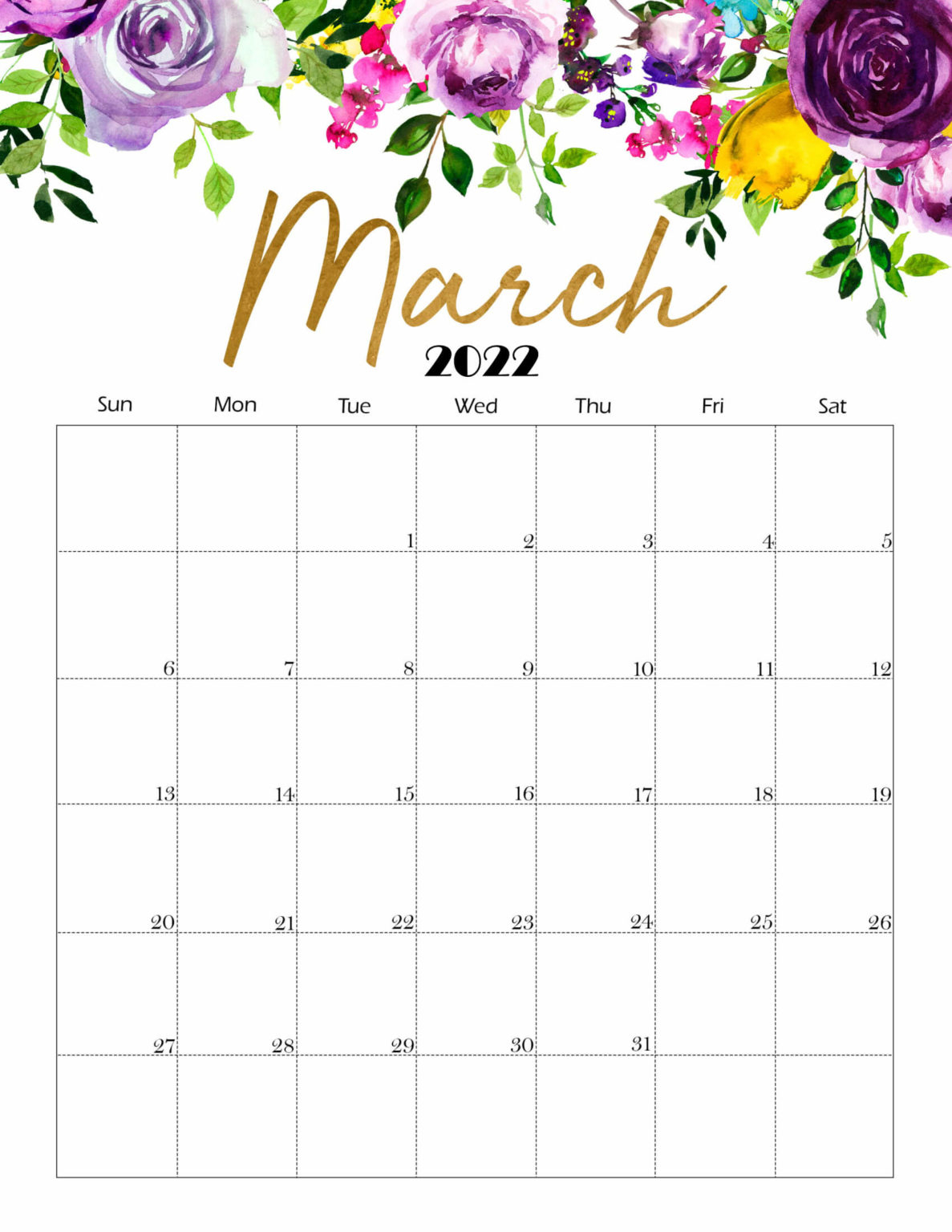 Get Blank Calendar 2022 March