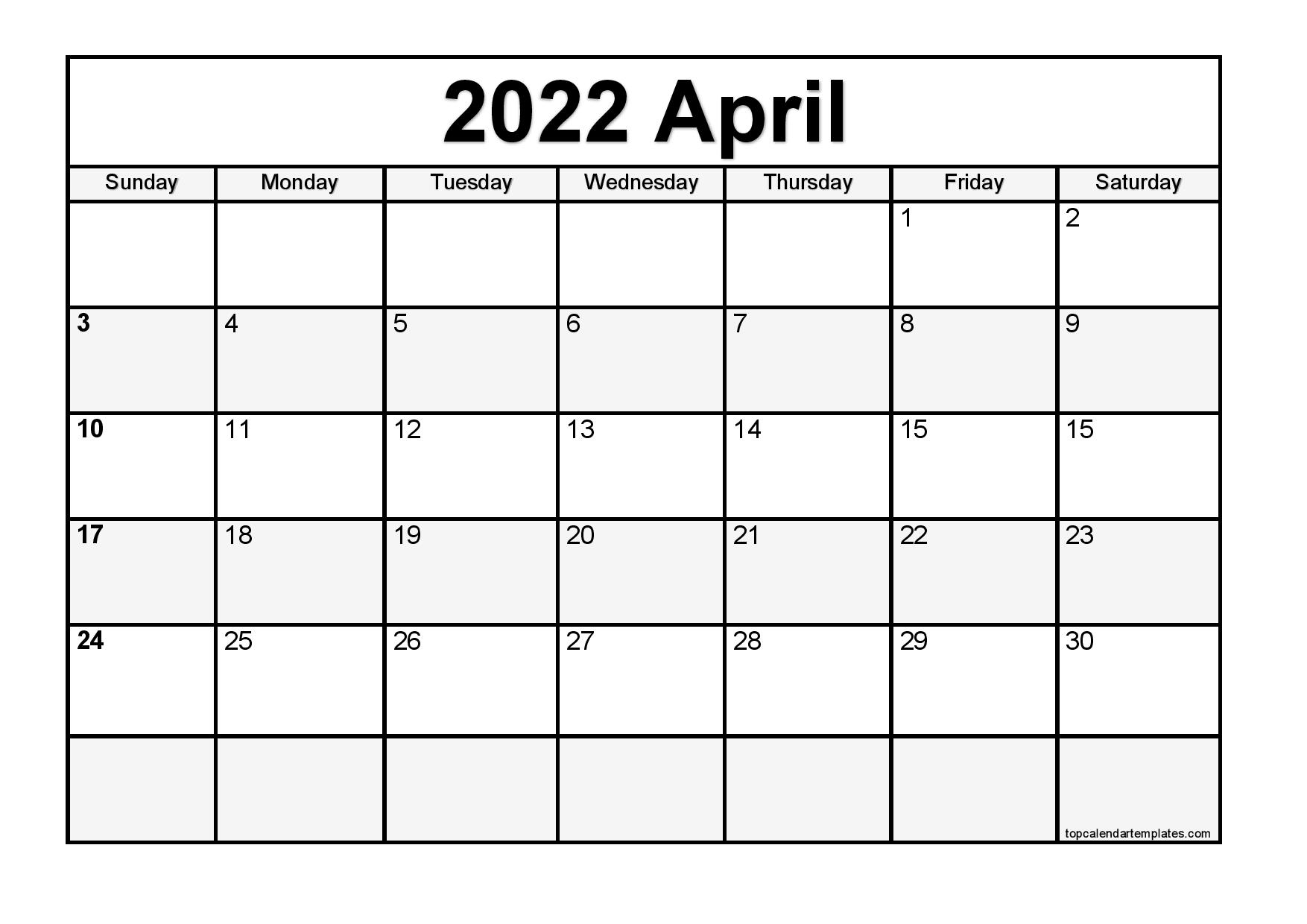 Get Blank Calendar April 2022 Printable