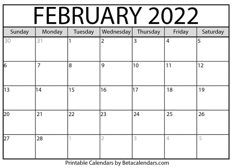 Get Blank Calendar February 2022 Printable
