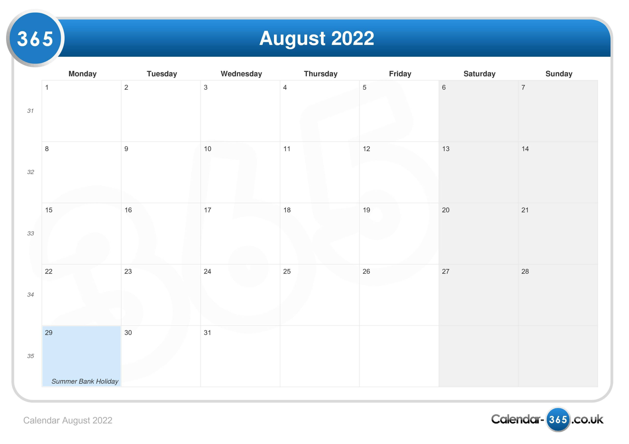 Get Calendar 2022 August Month