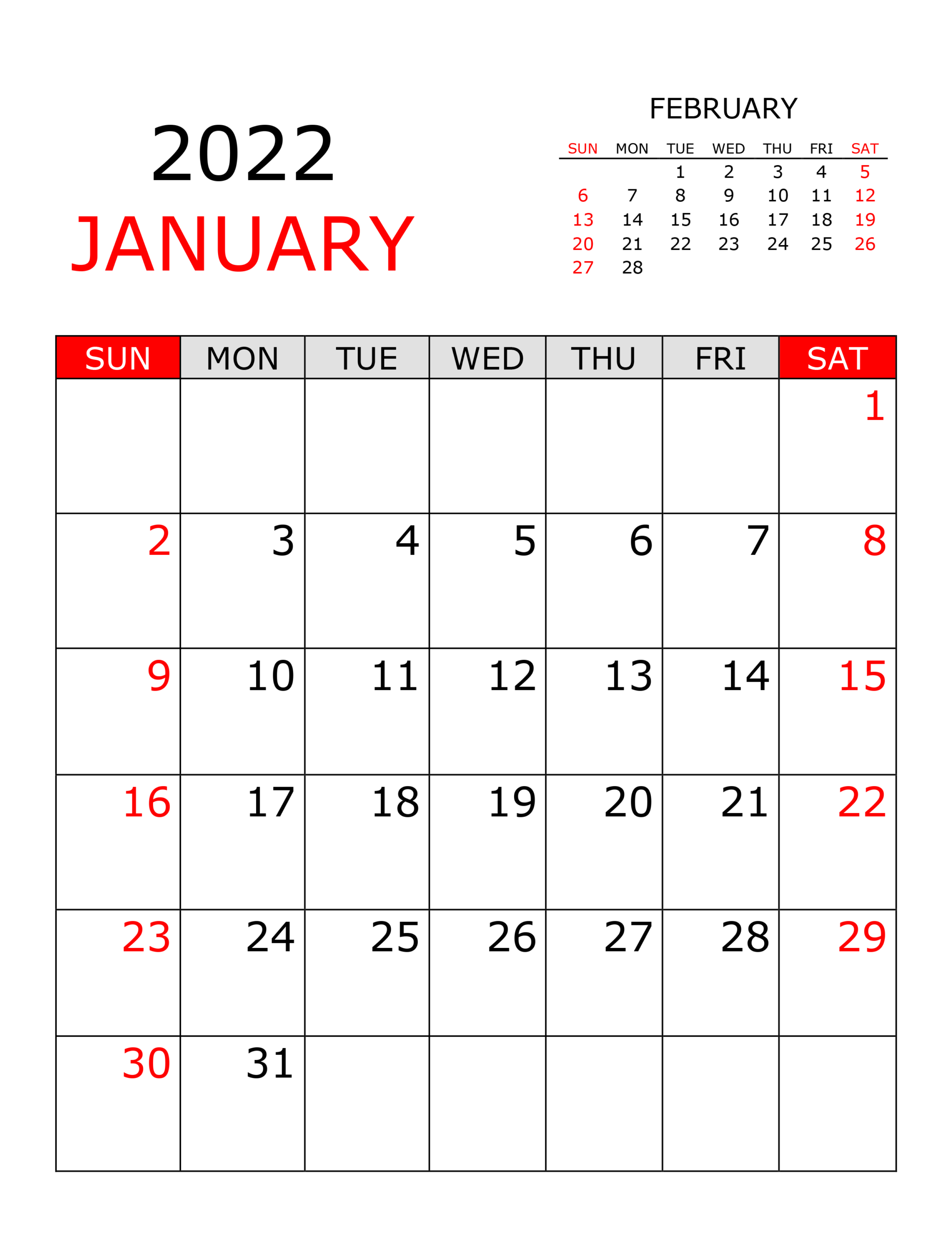 Get Calendar 2022 January Free