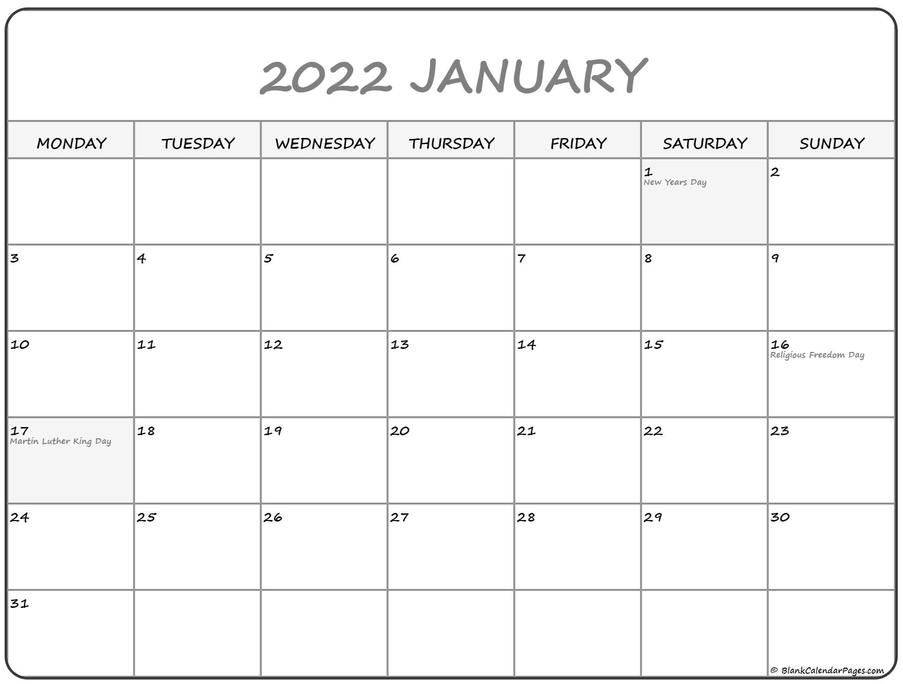 Get Calendar 2022 January Holidays