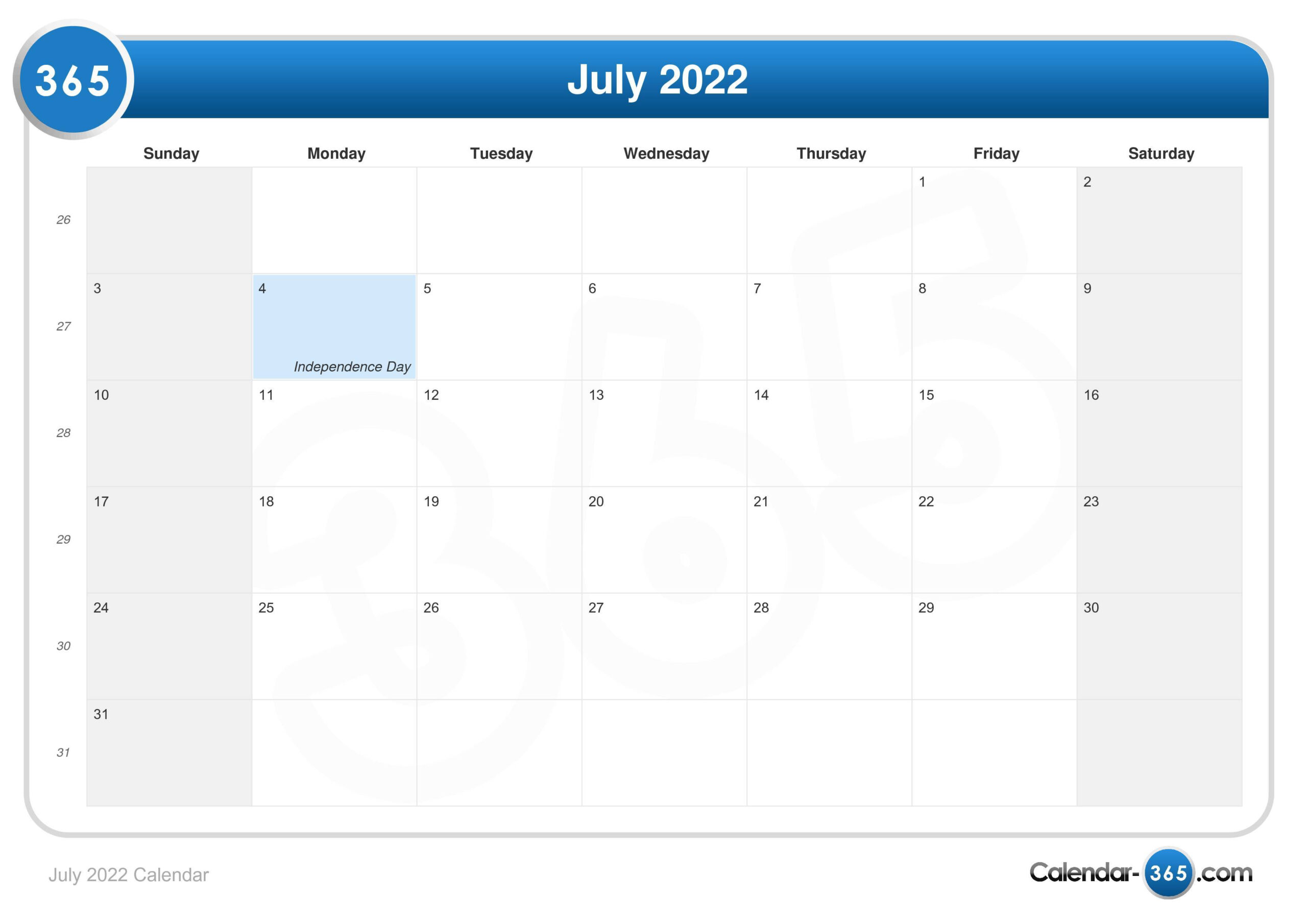 Get Calendar 2022 July Month
