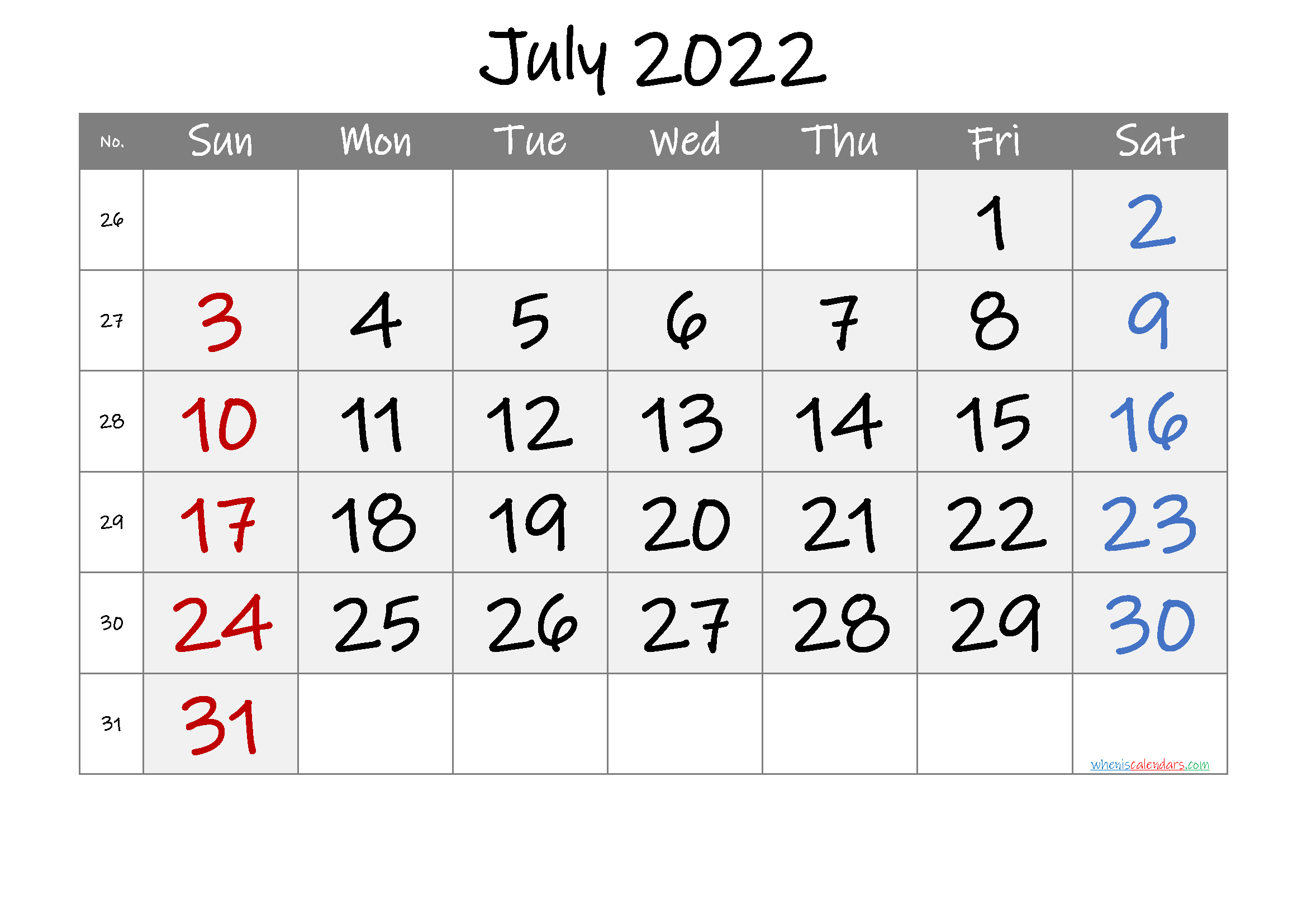 Get Calendar 2022 July Month