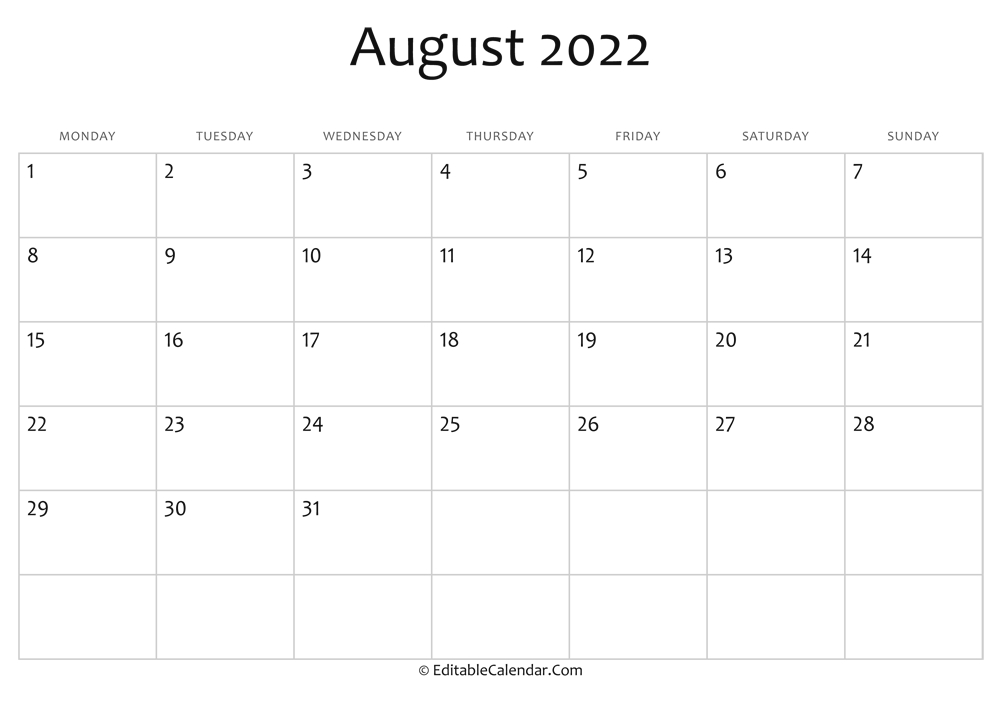 Get Calendar 2022 Luna August