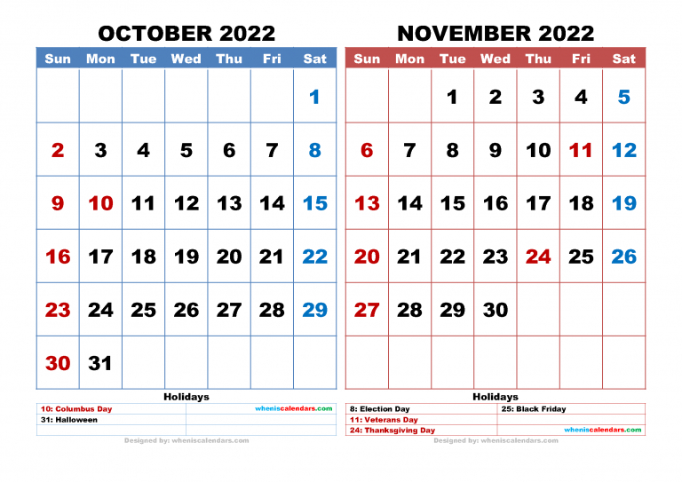 Get Calendar 2022 October November