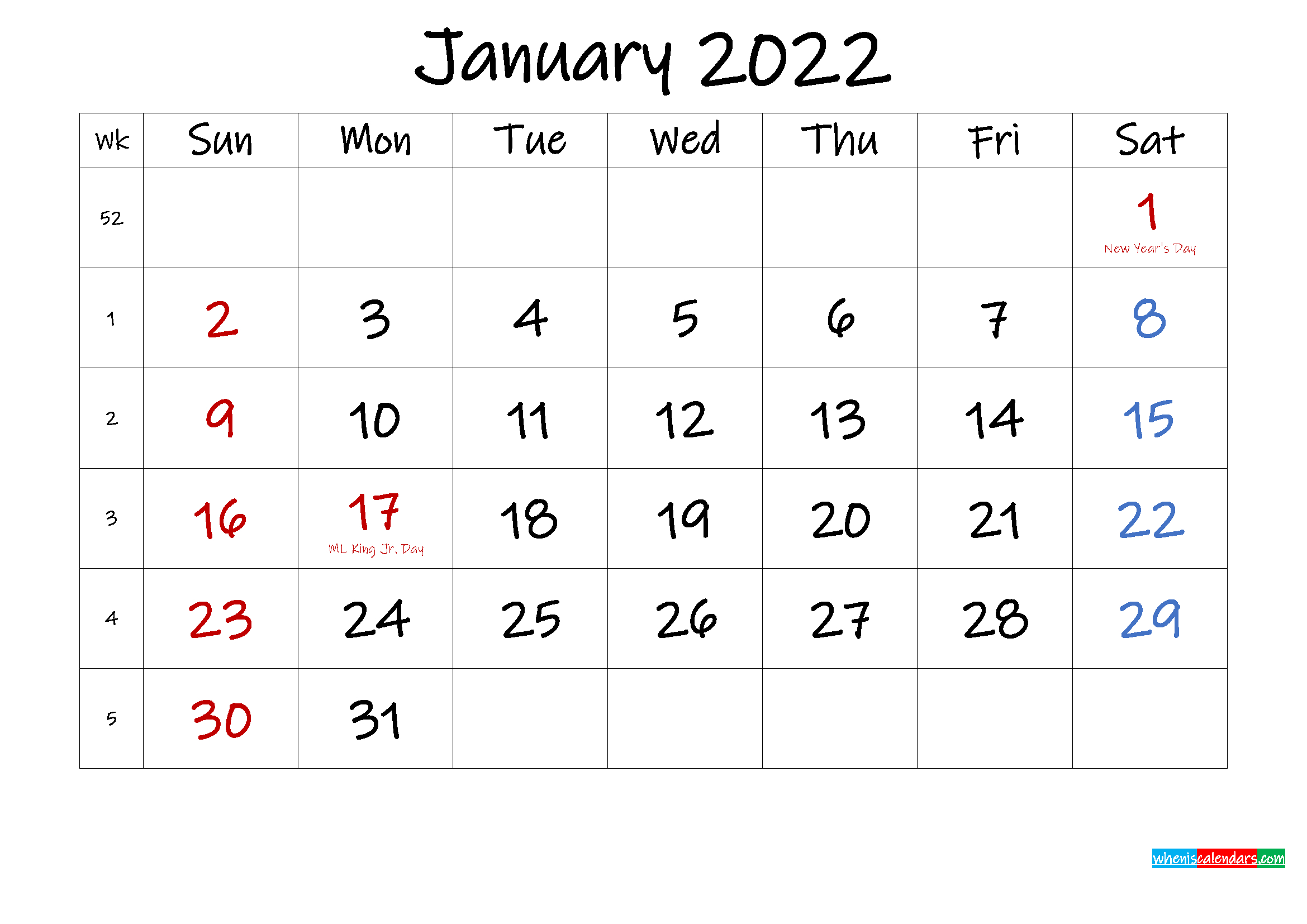 Get Calendar For 2022 January