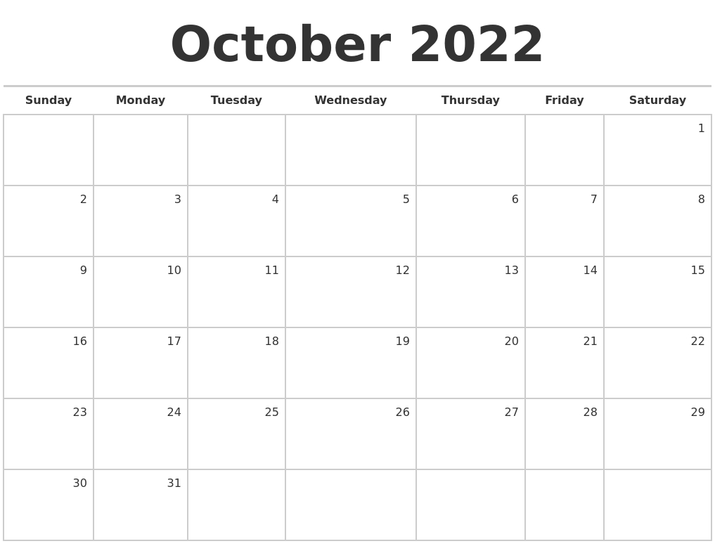 Get Calendar For 2022 October
