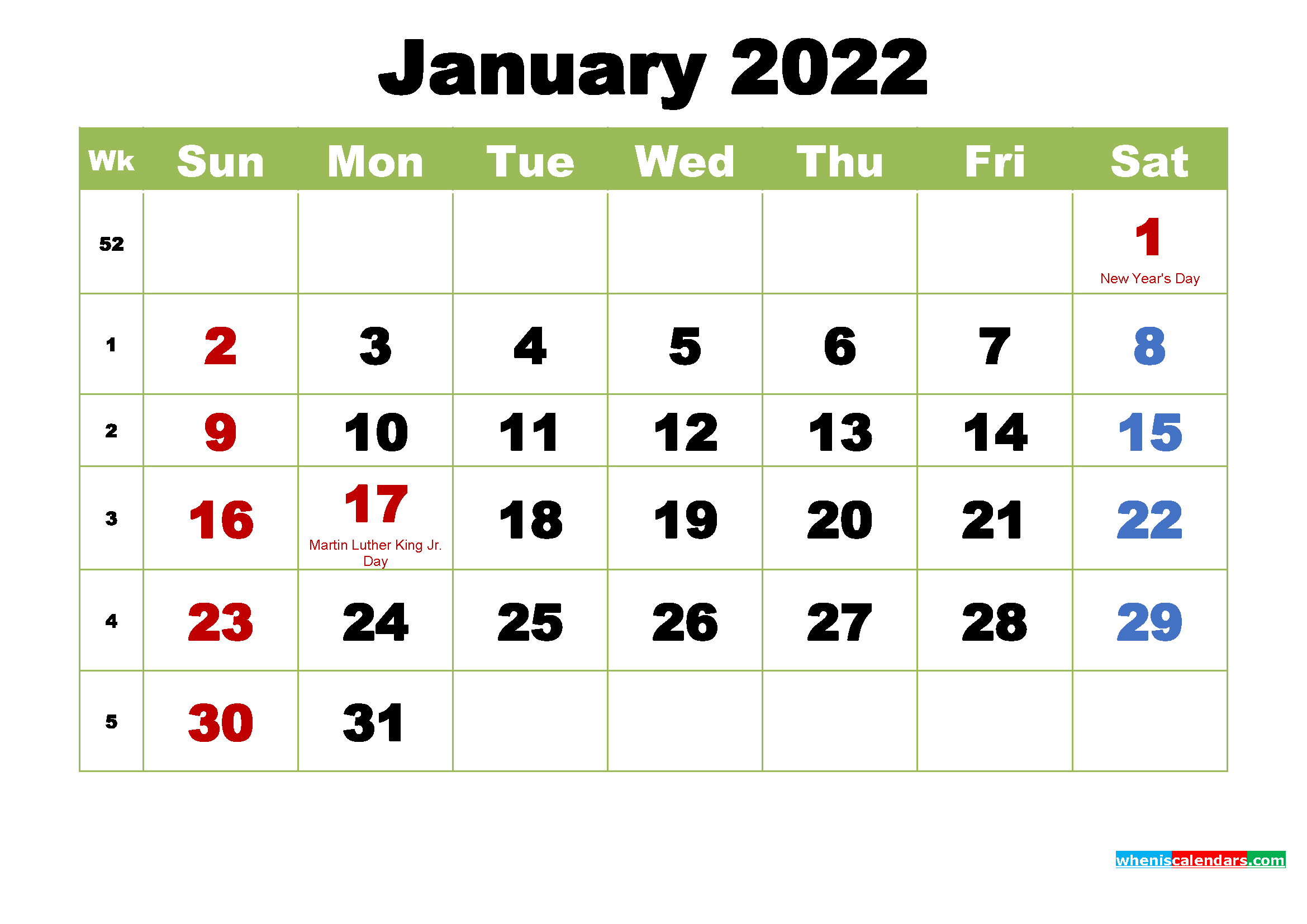 Get Calendar For January 2022 Printable