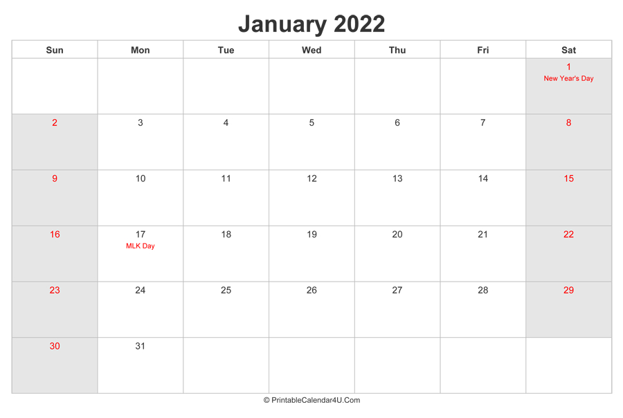 Get Calendar For January 2022 With Holidays