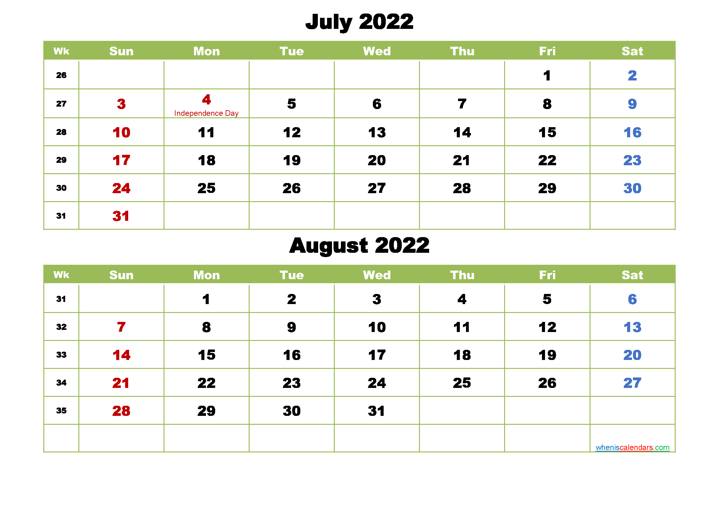Get Calendar For July And August 2022