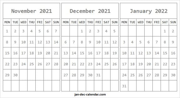Get Calendar November December January 2022