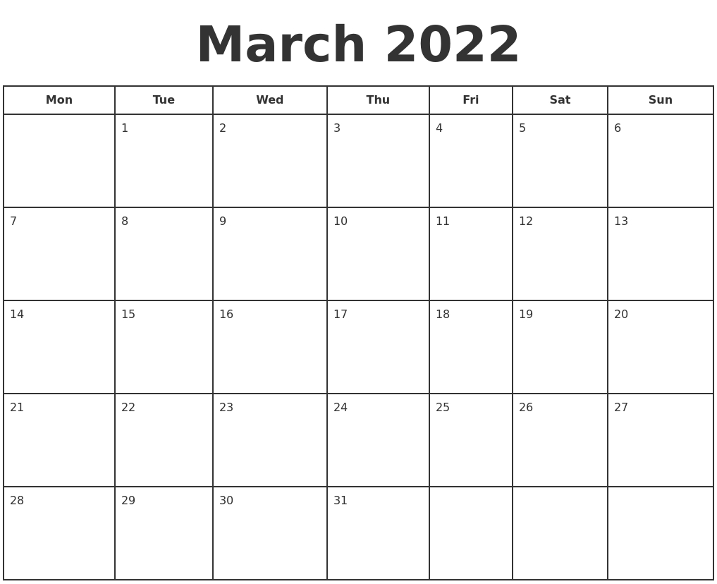 Get Calendar Of 2022 March