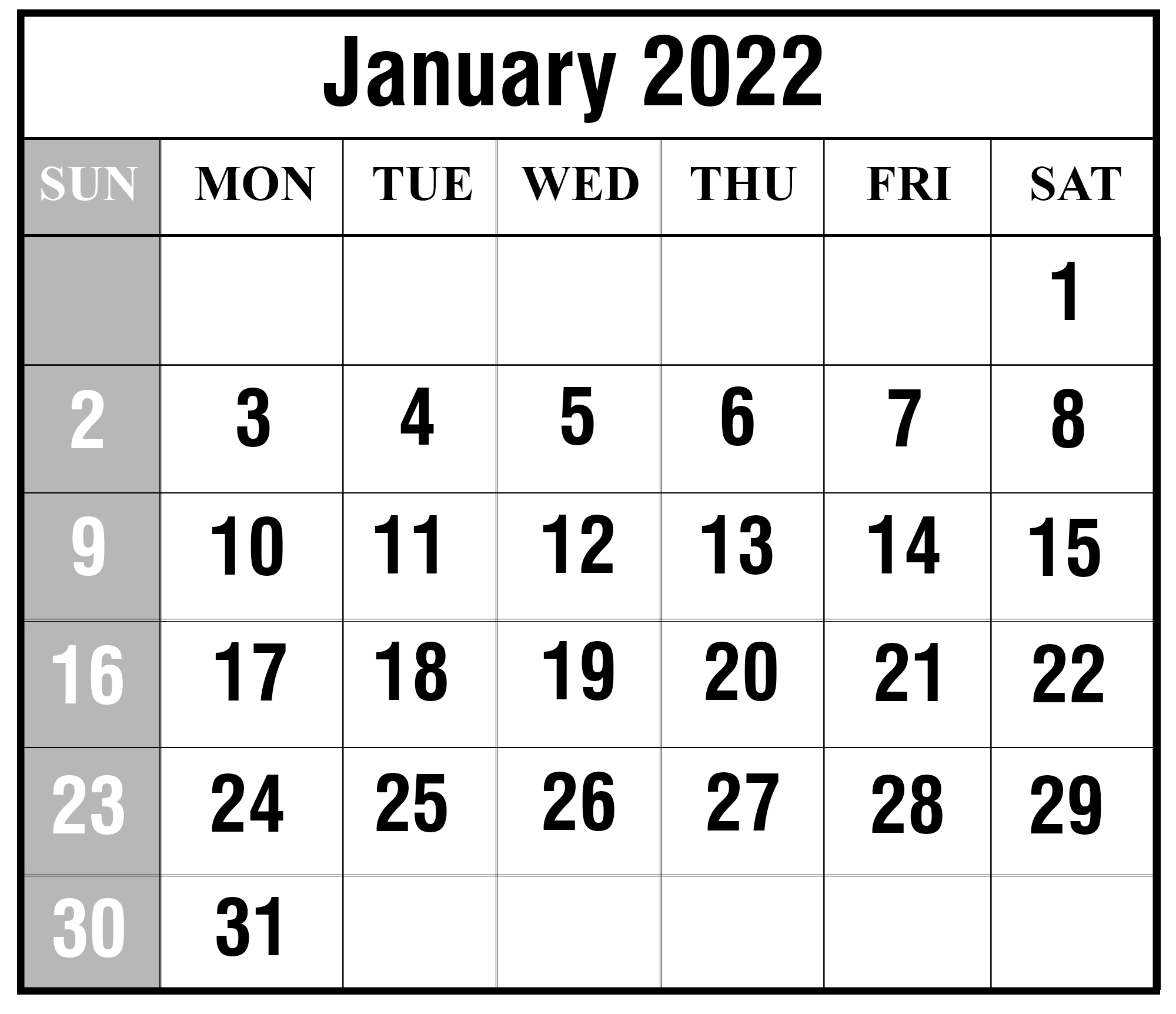 Get Calendar Template January 2022 Printable
