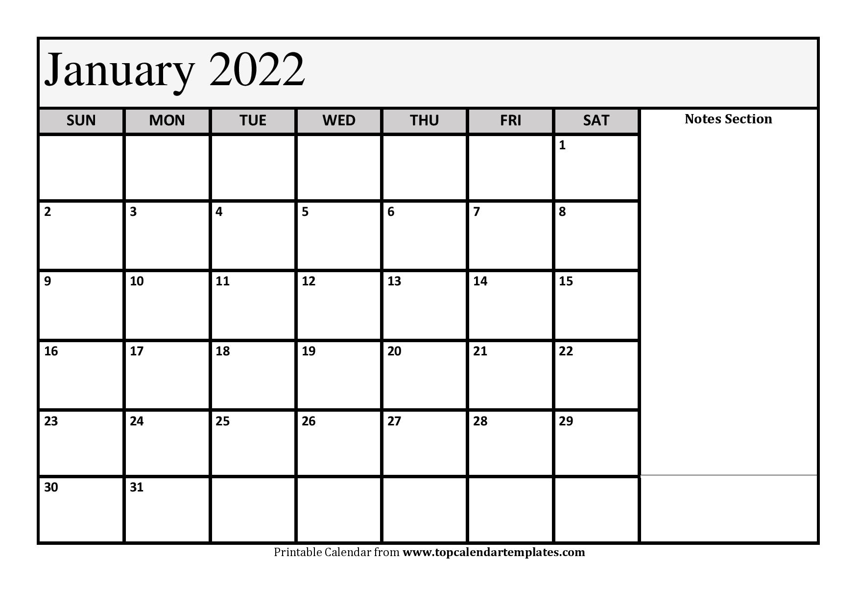 Get Calendar Template January 2022 Printable