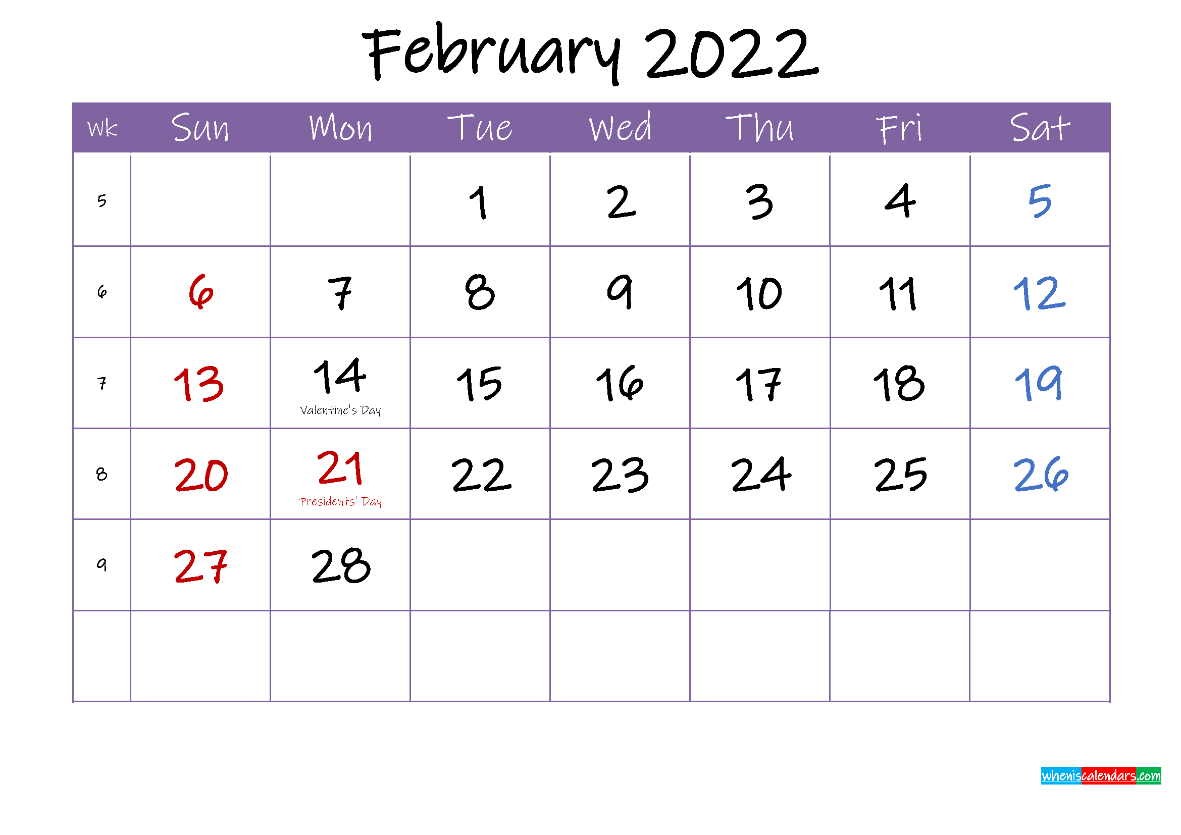 Get February 2022 Calendar Image