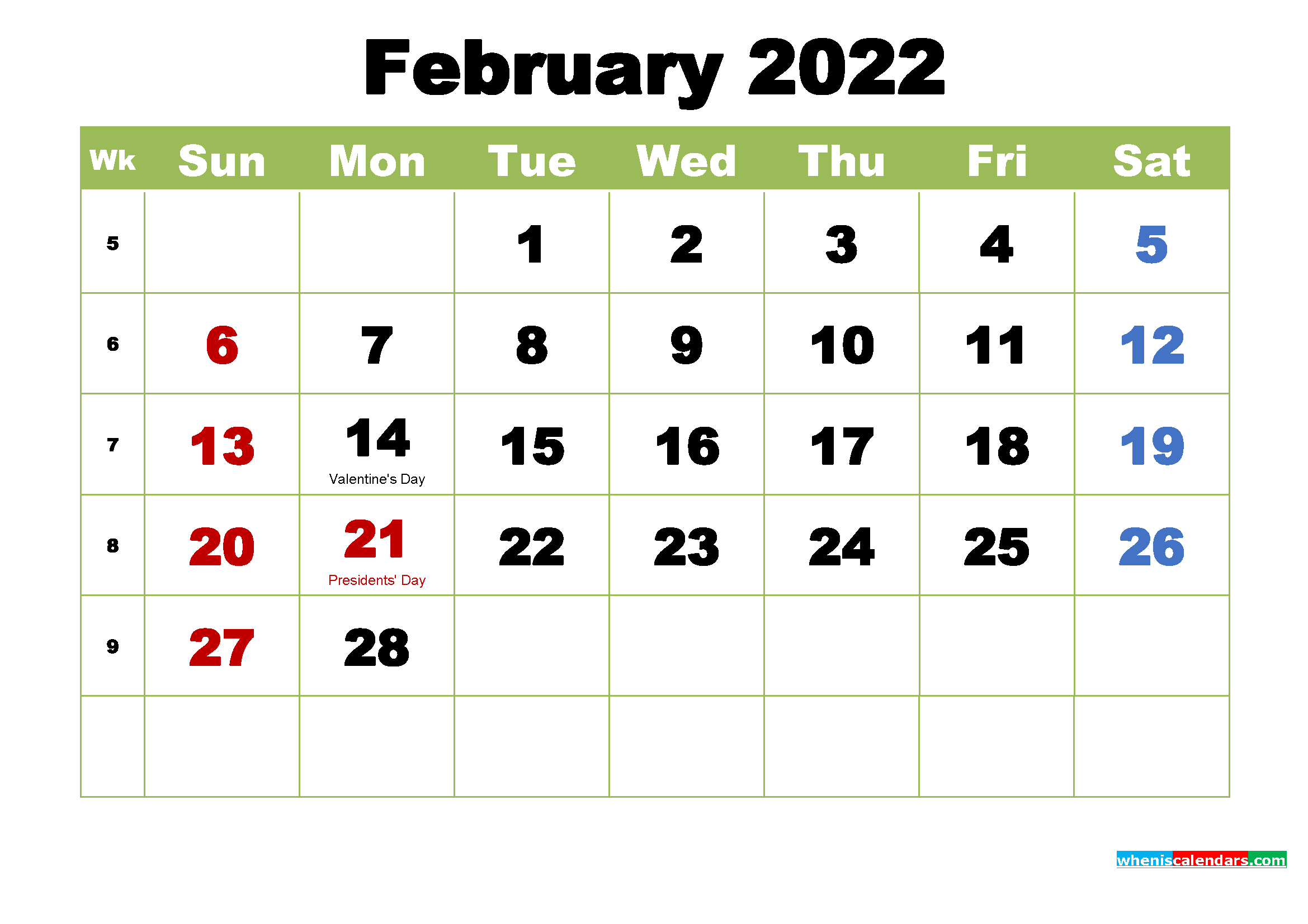 Get Free Calendar For February 2022