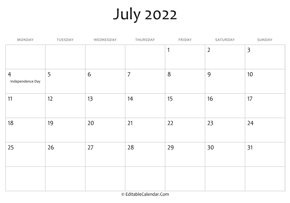 Get Free Calendar July 2022