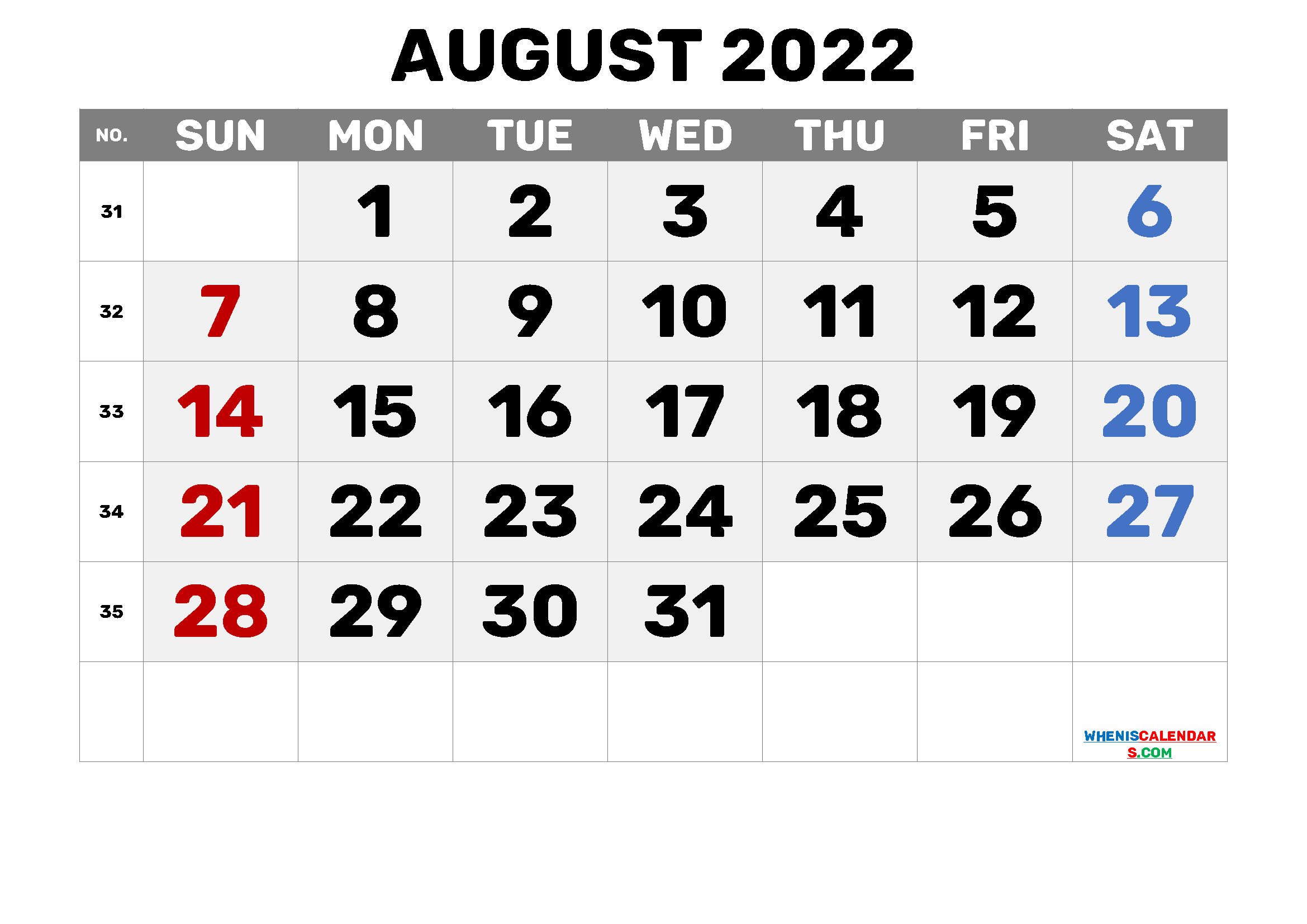Get Free Printable Calendar August 2022
