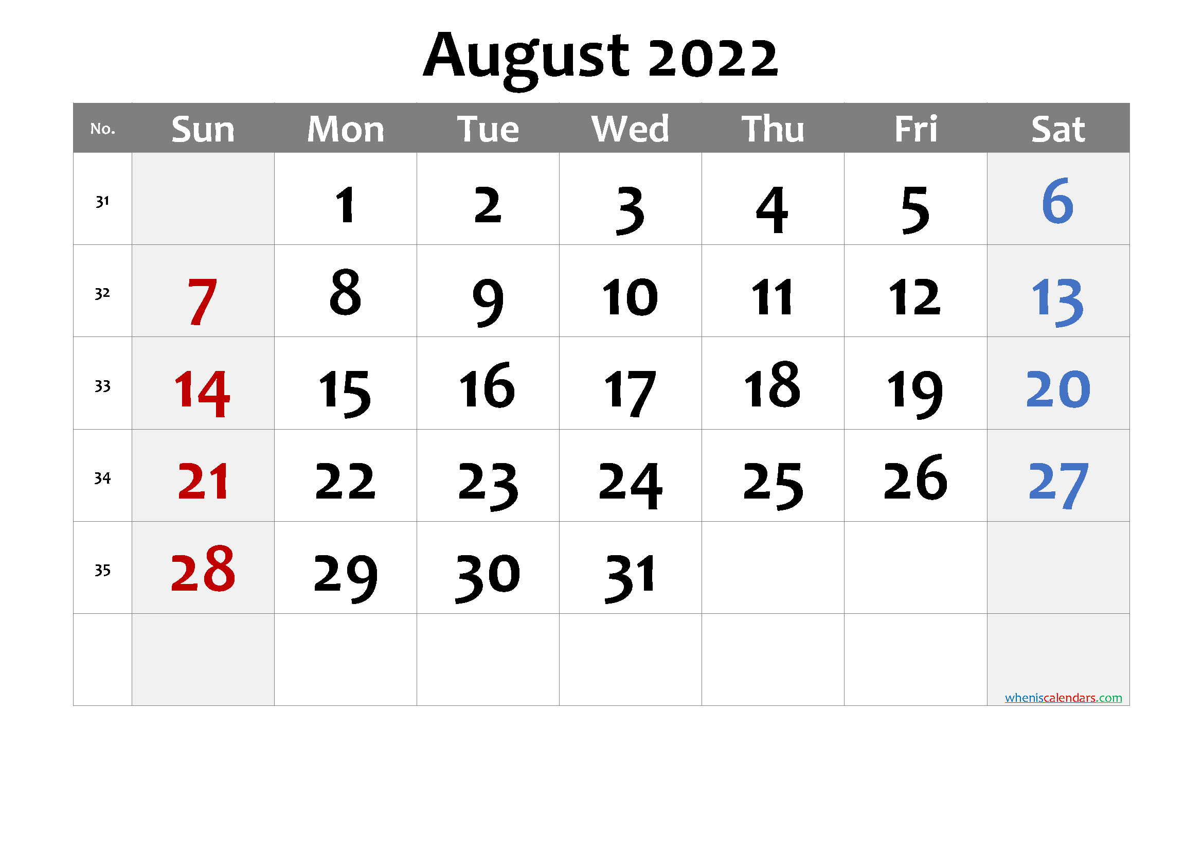 Get Free Printable Calendar August 2022