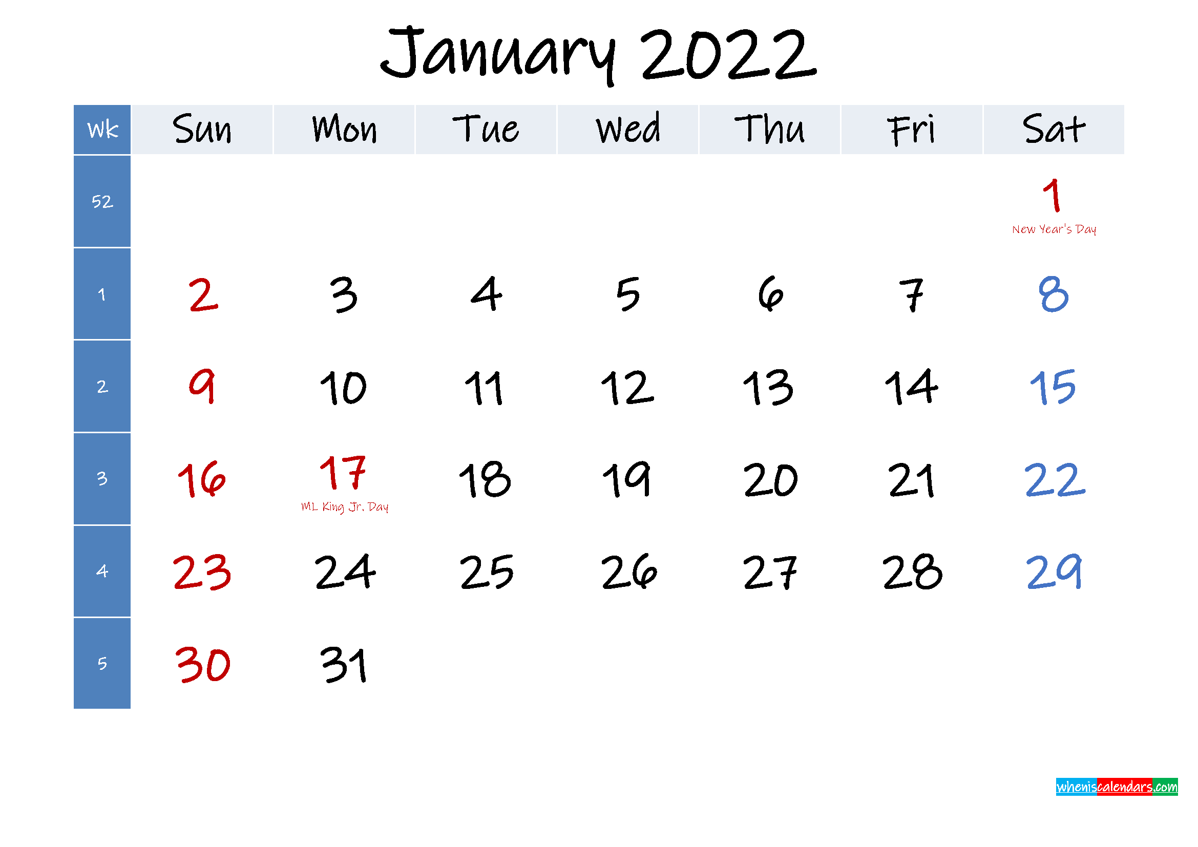 Free Printable Calendar January 2022 With Holidays Best Calendar Example