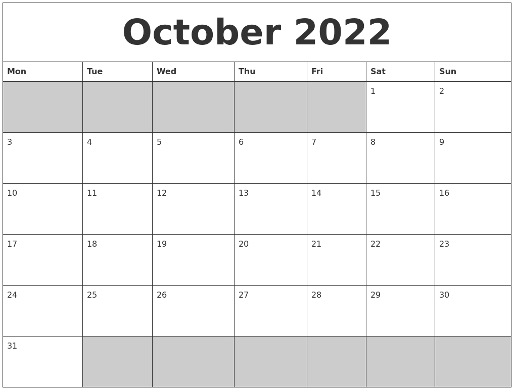 Get Free Printable Calendar October 2022