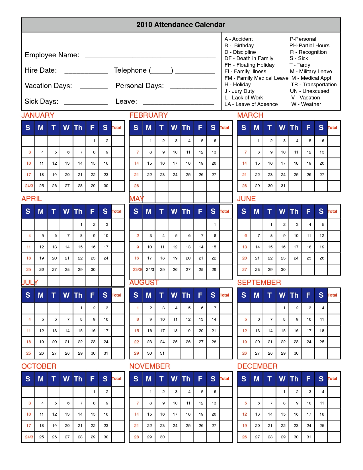 2025 Employee Attendance Calendar Printable Free Word Forms Selie Frances