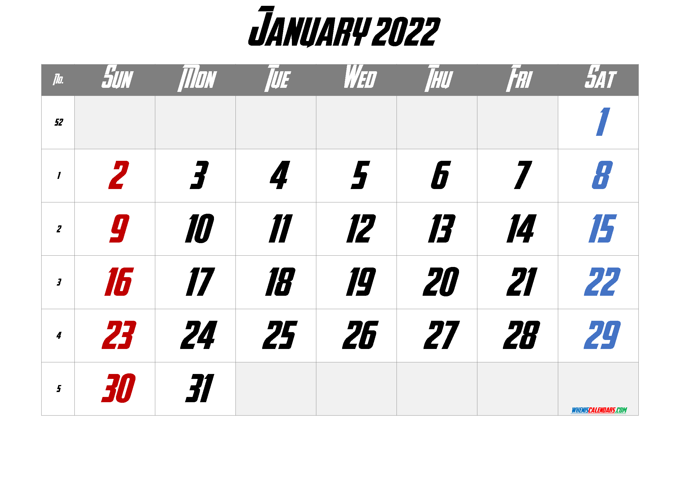 Get January 2022 Calendar Landscape
