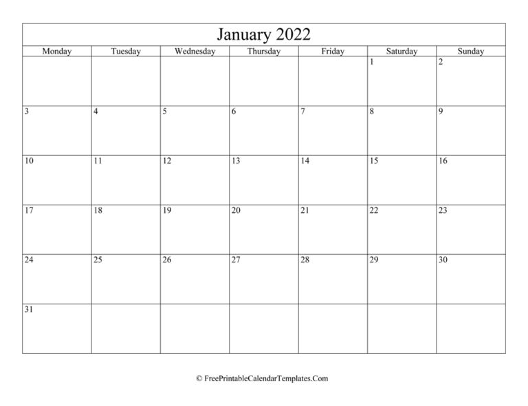 Get January 2022 Calendar Landscape