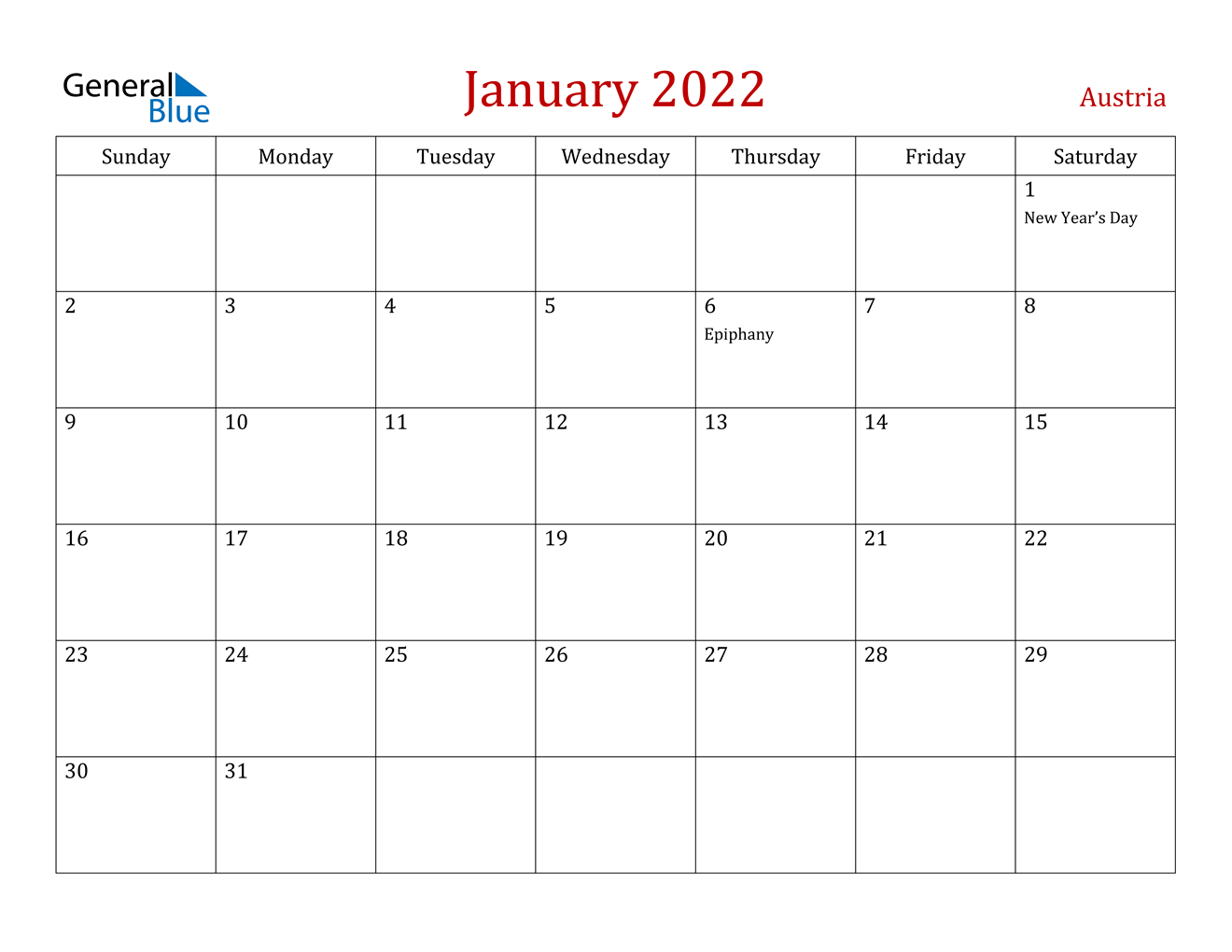 Get January 2022 Calendar Printable