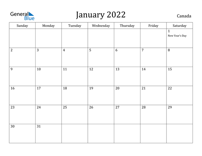 Get January 2022 Calendar Starting Monday