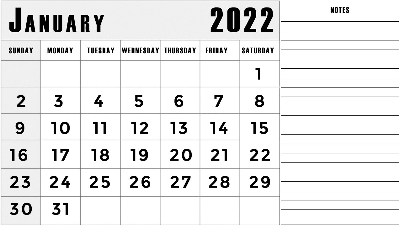 Get January 2022 Calendar With Notes