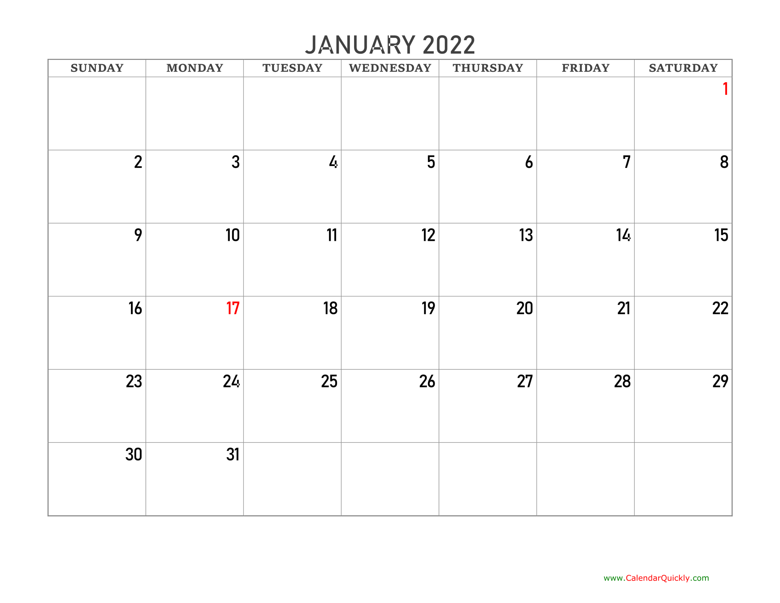 Get January 2022 Printable Calendar One Page