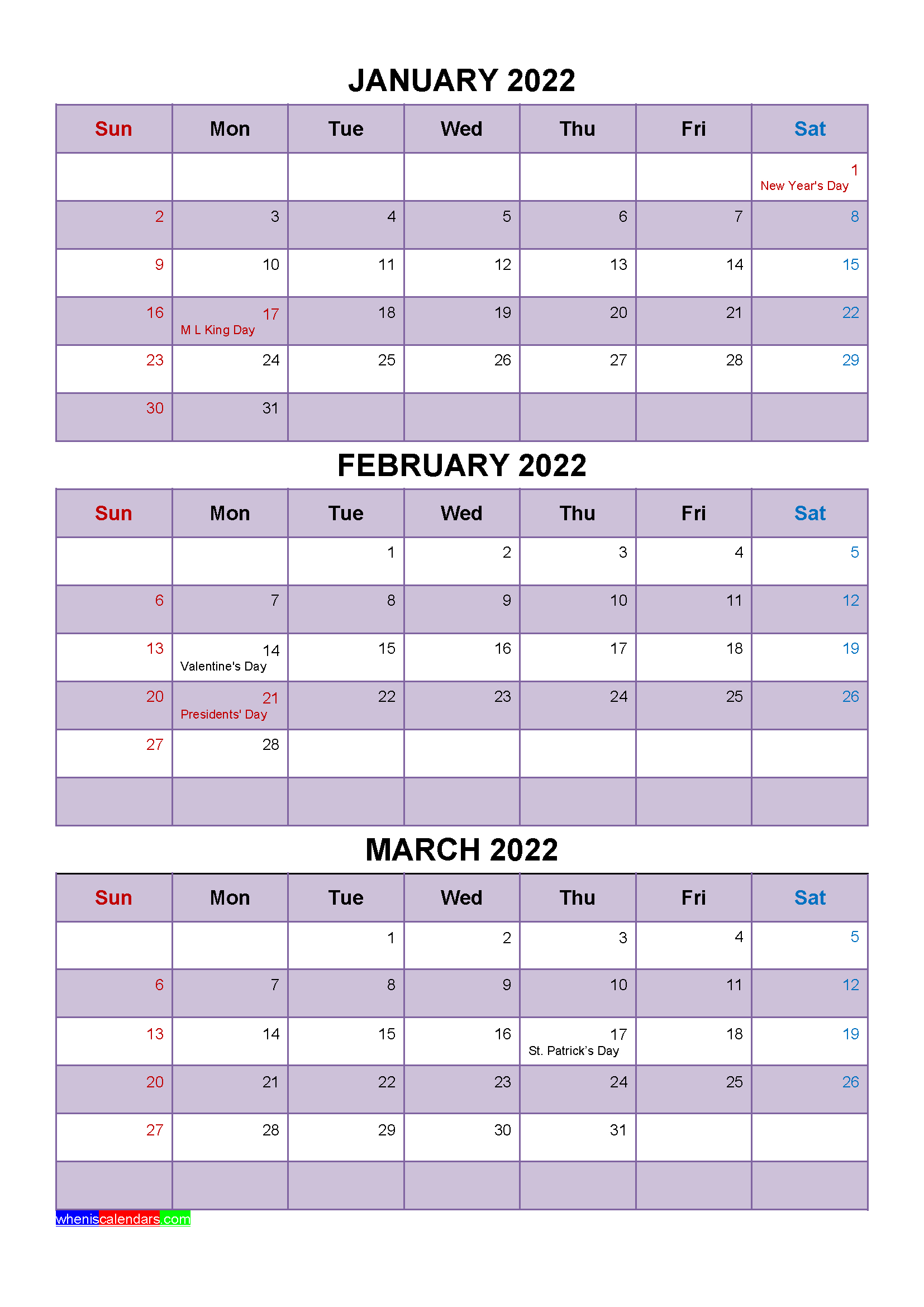 Get January 2022 Printable Calendar One Page