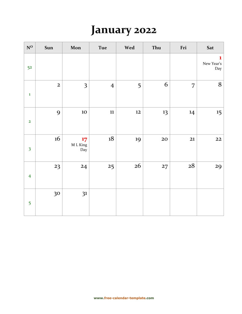 Get January 2022 Vertical Calendar Printable
