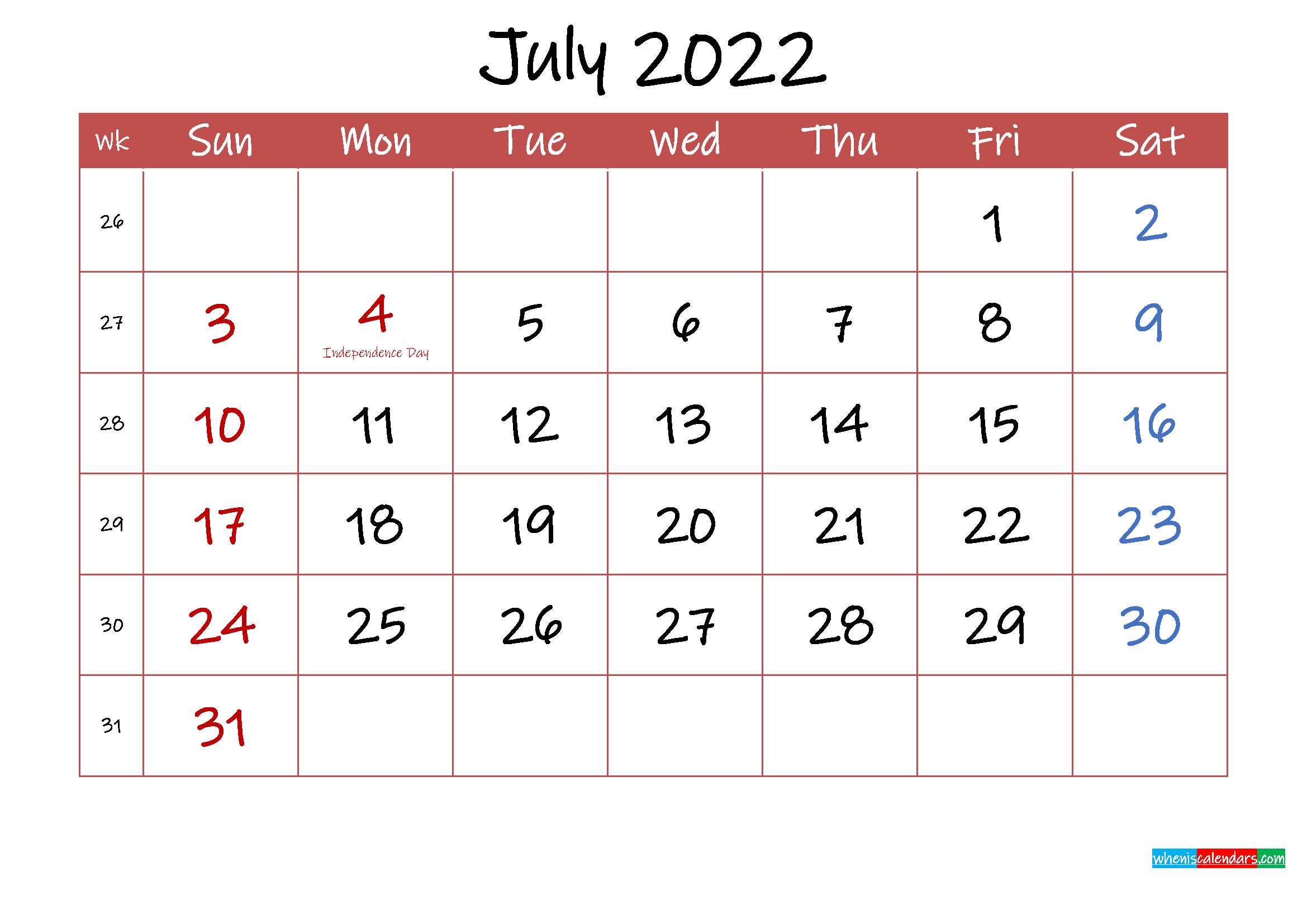 Get July 2022 Arabic Calendar