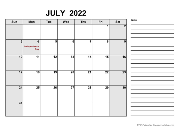 Get July 2022 Calendar Pdf